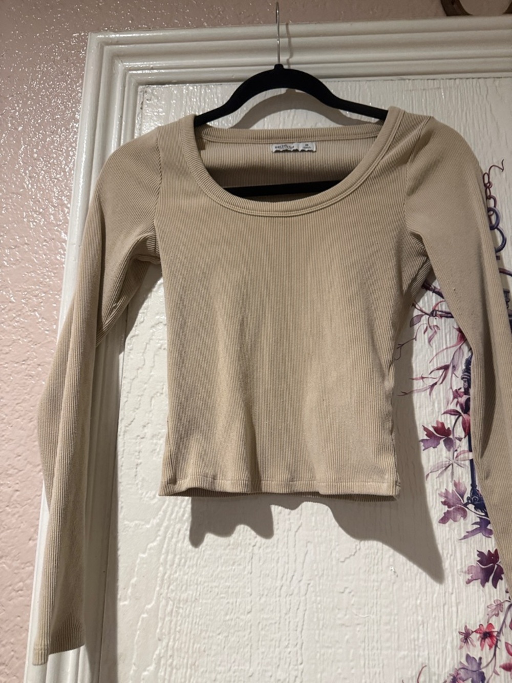 Hollister Beige Ribbed Scoop-Neck Long Sleeve Top